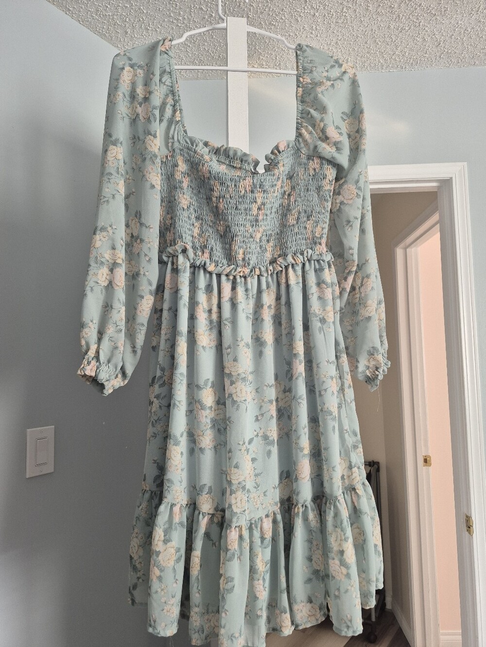 Smocked Square-Neck Floral Midi Dress - Light Blue